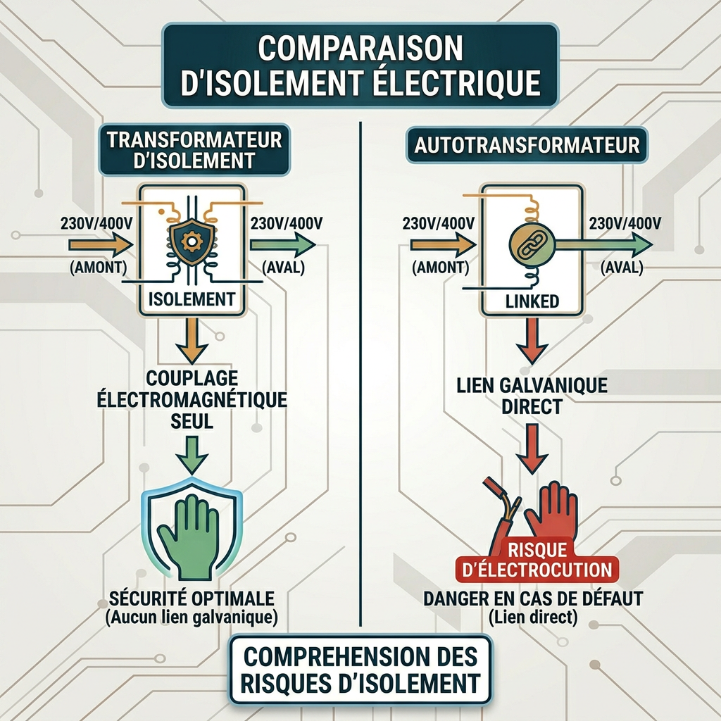 Schéma de principe différence entre transformateur d'isolement et autotransformateur